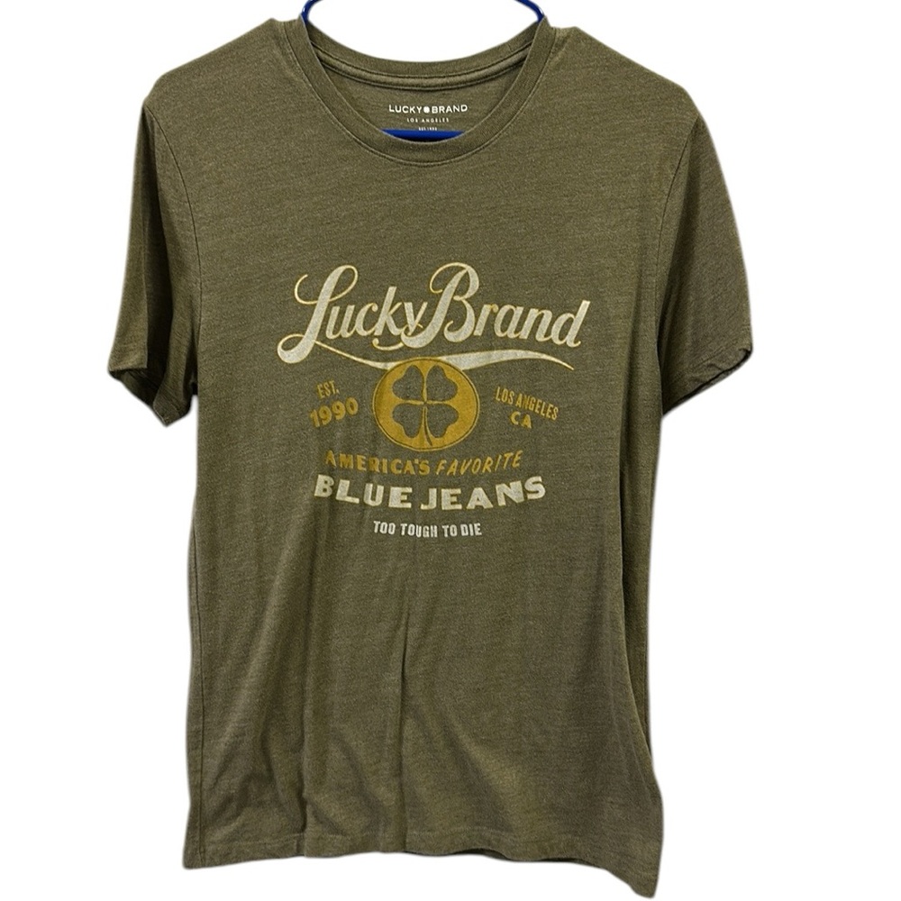 Lucky Brand Graphic Tee Short Sleeve Crew Neck TShirt Khaki Green Mens Small